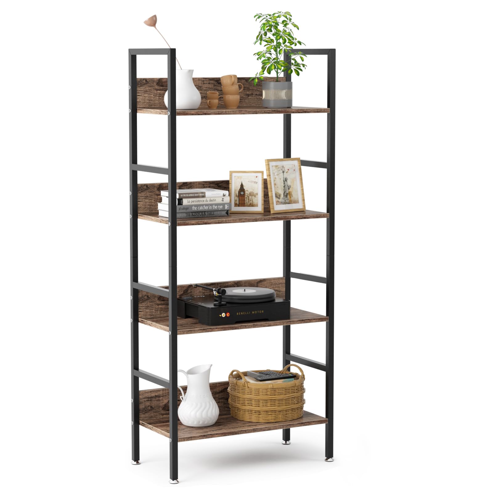 DEWEL 木製棚板スチールラック 幅60×奥行30×高さ135cm 4段 オープン収納ラック